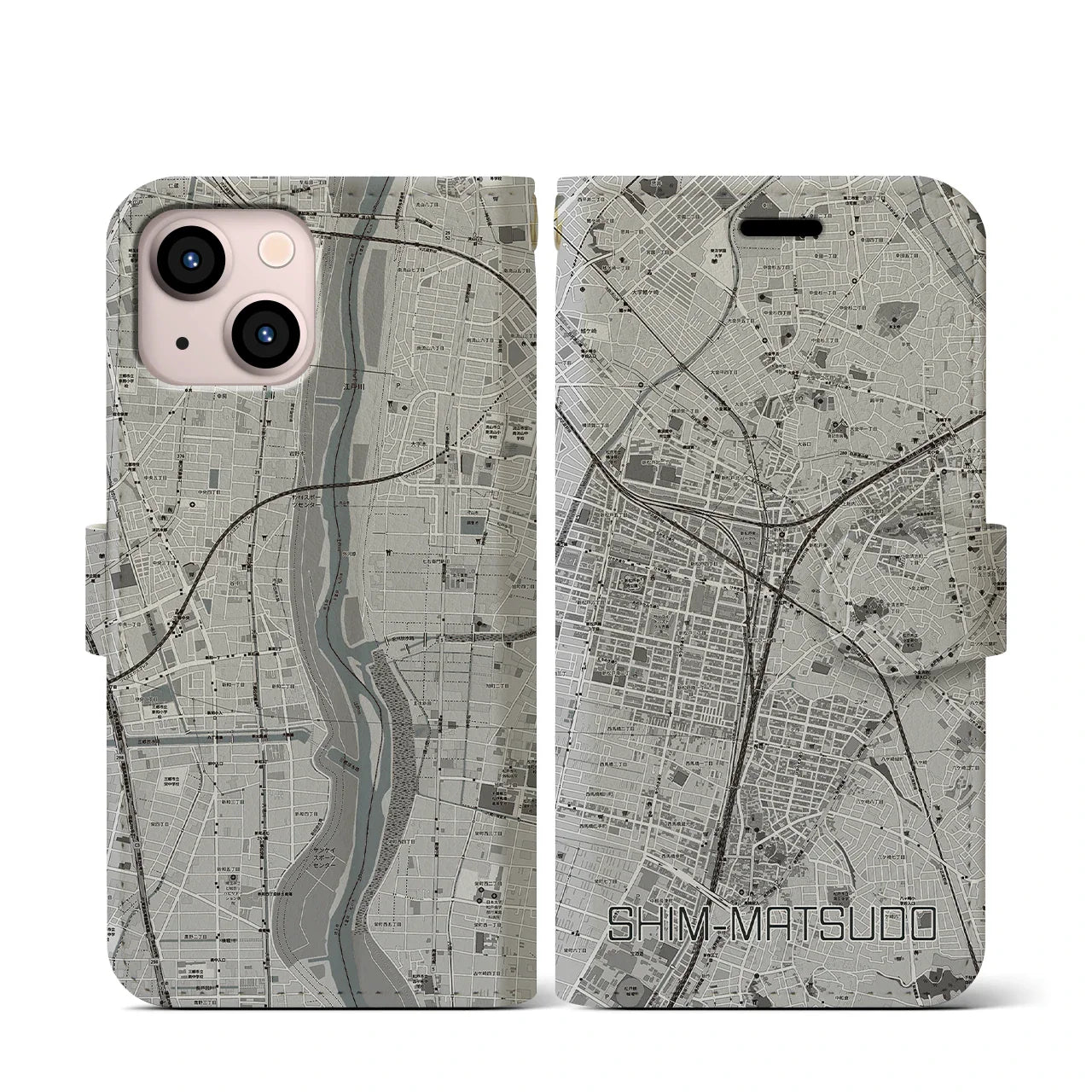 【新松戸(千葉県)】地図柄iPhoneケース(手帳タイプ)ナチュラル・iPhone 14 用