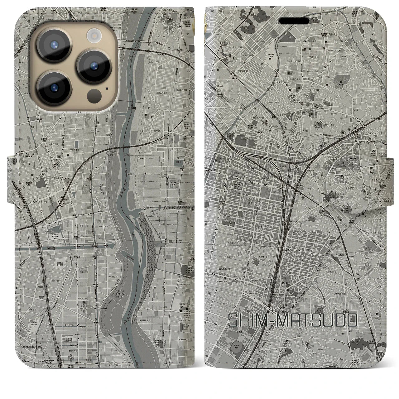【新松戸(千葉県)】地図柄iPhoneケース(手帳タイプ)ナチュラル・iPhone 14 Pro Max 用