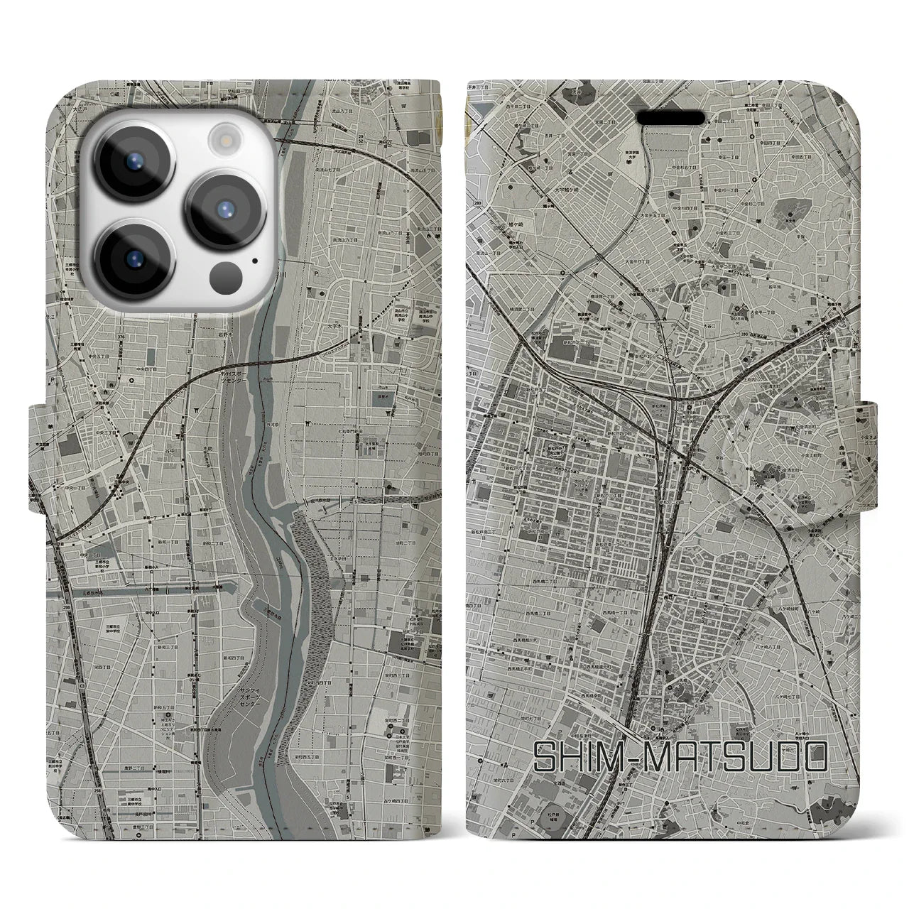 【新松戸(千葉県)】地図柄iPhoneケース(手帳タイプ)モノトーン・iPhone 14 Pro Max 用