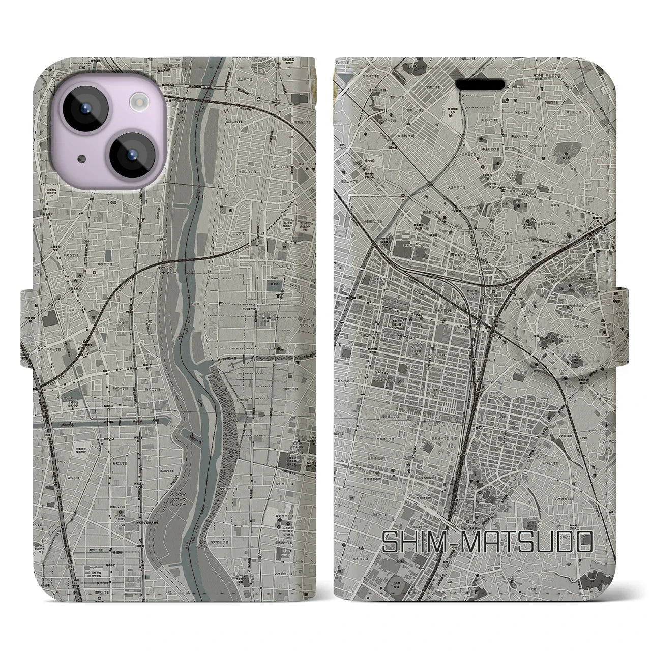 【新松戸(千葉県)】地図柄iPhoneケース(手帳タイプ)ナチュラル・iPhone 14 Pro 用