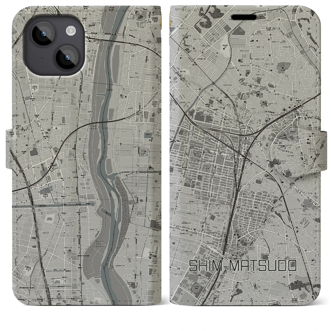 【新松戸(千葉県)】地図柄iPhoneケース(手帳タイプ)モノトーン・iPhone 14 Pro 用