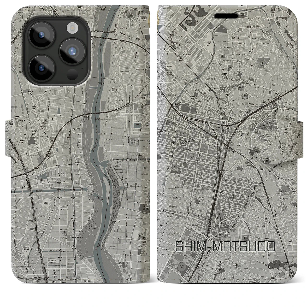 【新松戸(千葉県)】地図柄iPhoneケース(手帳タイプ)モノトーン・iPhone 15 Pro Max 用