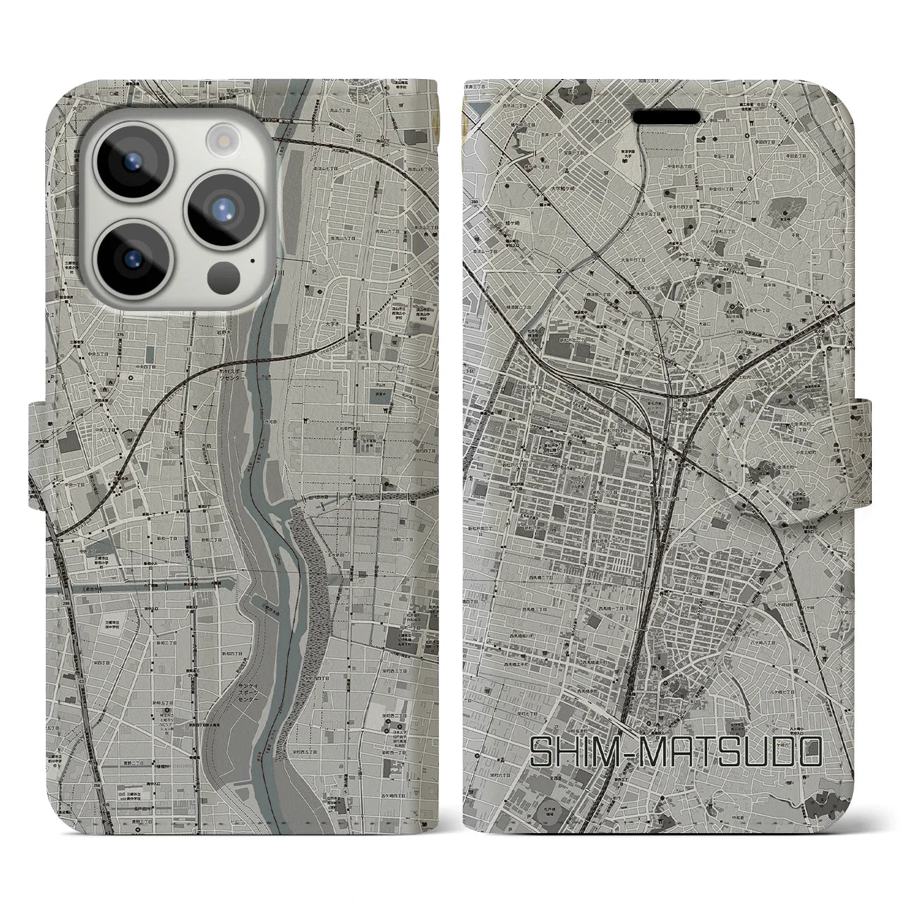 【新松戸(千葉県)】地図柄iPhoneケース(手帳タイプ)モノトーン・iPhone 15 Pro 用