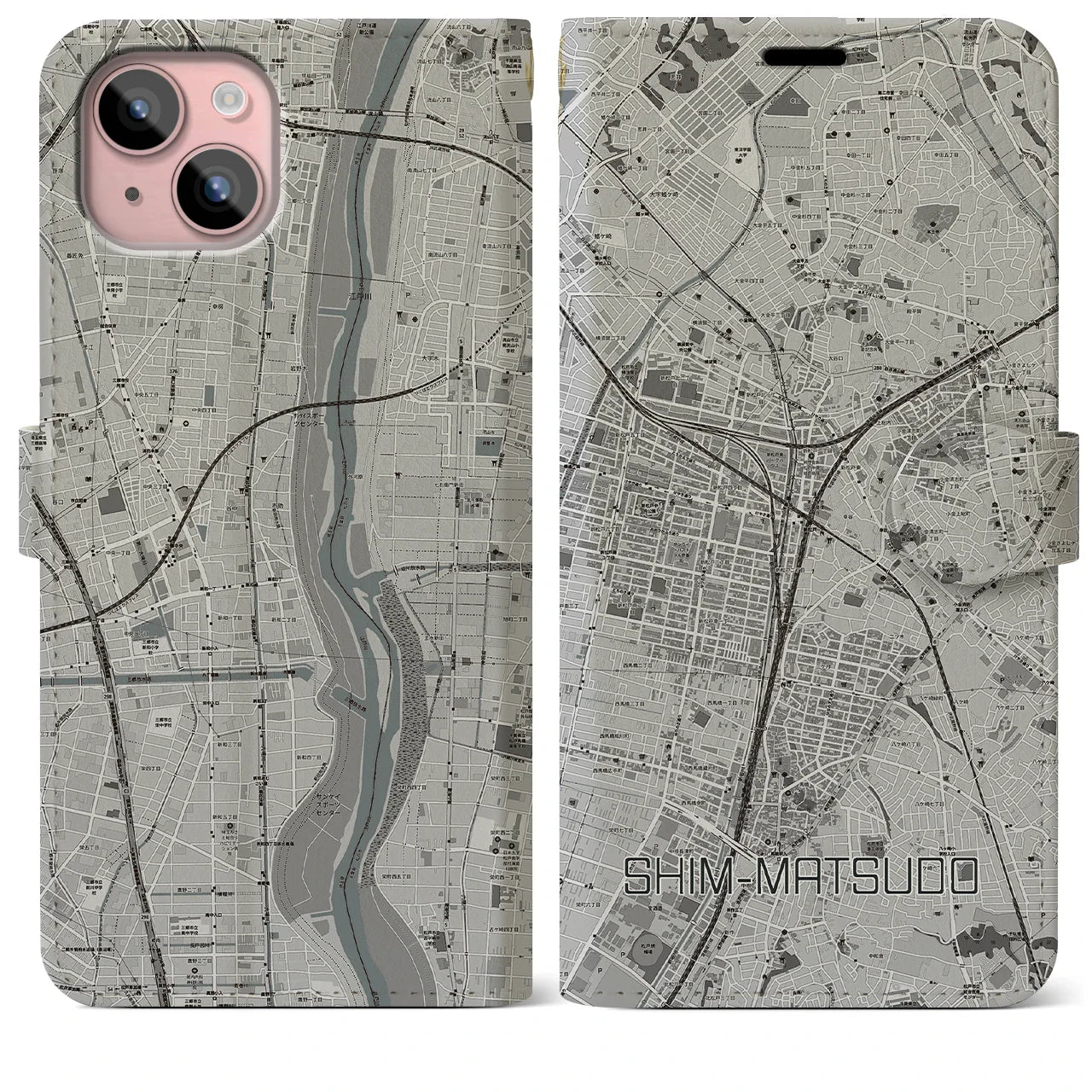 【新松戸(千葉県)】地図柄iPhoneケース(手帳タイプ)モノトーン・iPhone 15 Plus 用