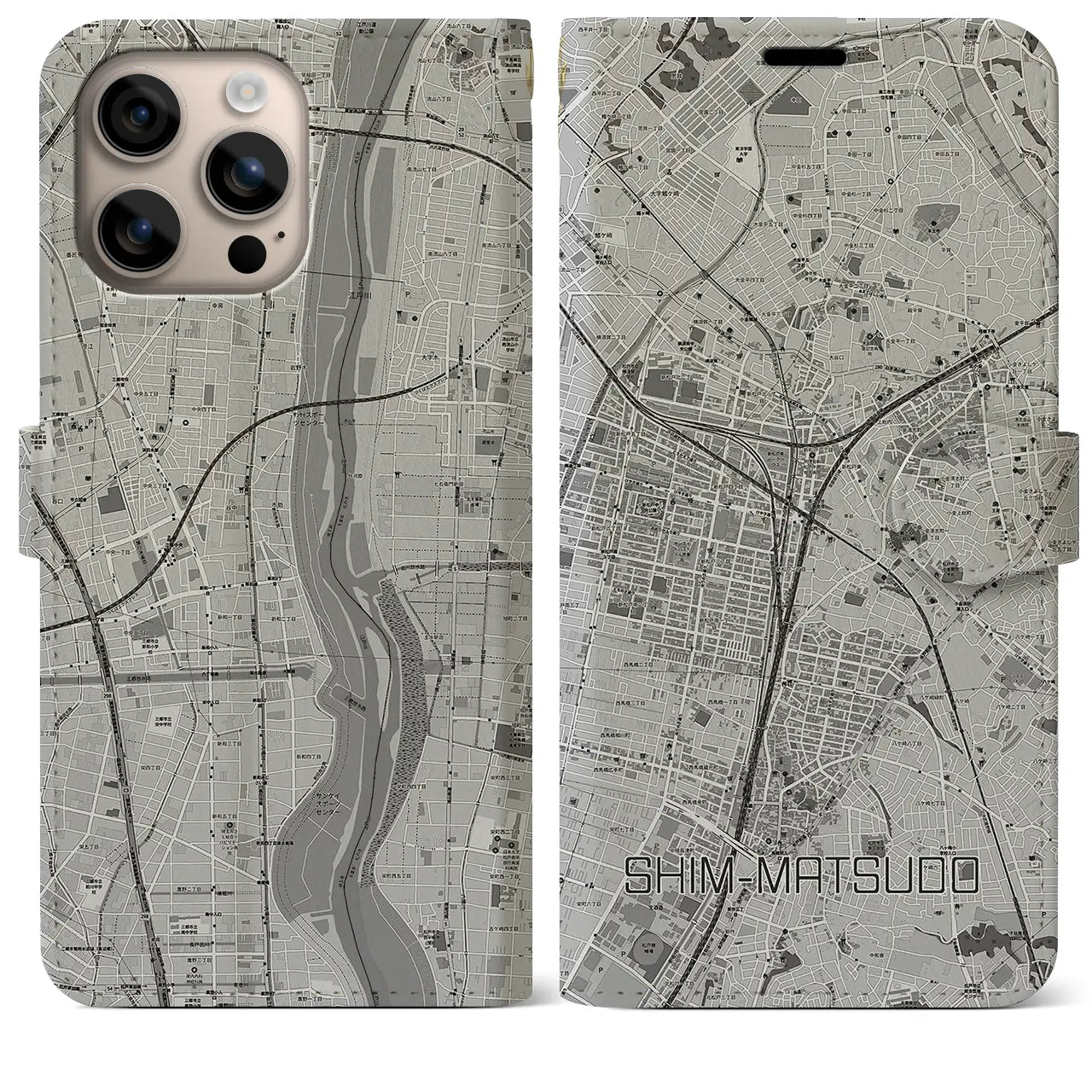 【新松戸(千葉県)】地図柄iPhoneケース(手帳タイプ)モノトーン・iPhone 16 Plus 用