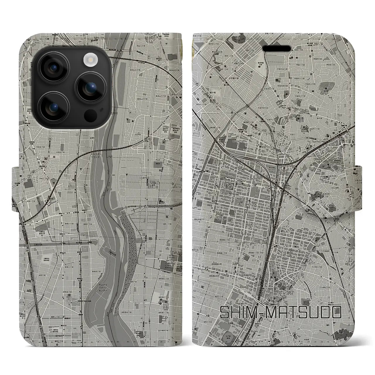 【新松戸(千葉県)】地図柄iPhoneケース(手帳タイプ)モノトーン・iPhone 16 用