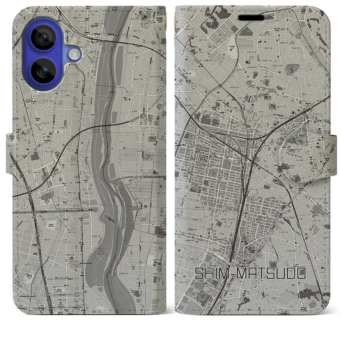 【新松戸(千葉県)】地図柄iPhoneケース(手帳タイプ)モノトーン・iPhone 16 Pro Max 用