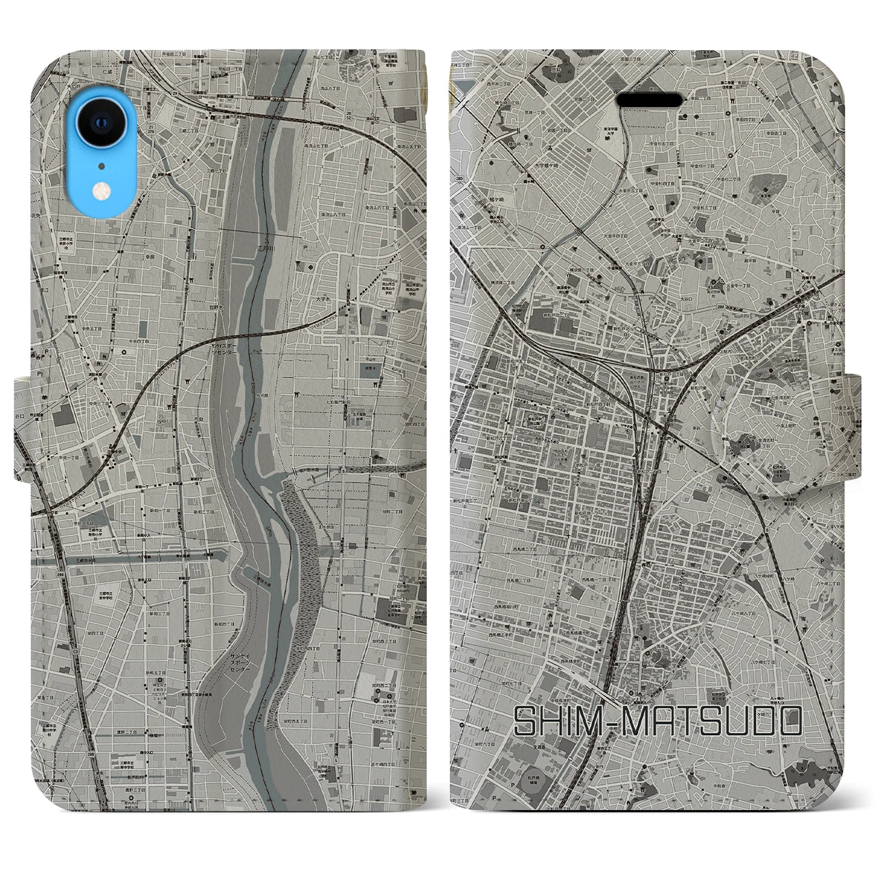 【新松戸(千葉県)】地図柄iPhoneケース(手帳タイプ)モノトーン・iPhone XR 用