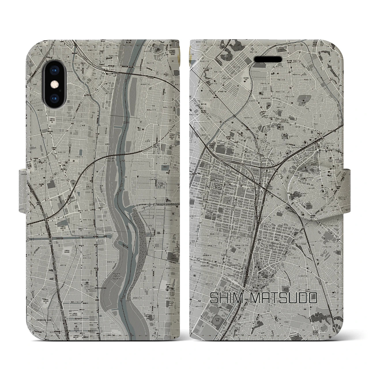 【新松戸(千葉県)】地図柄iPhoneケース(手帳タイプ)モノトーン・iPhone XS / X 用