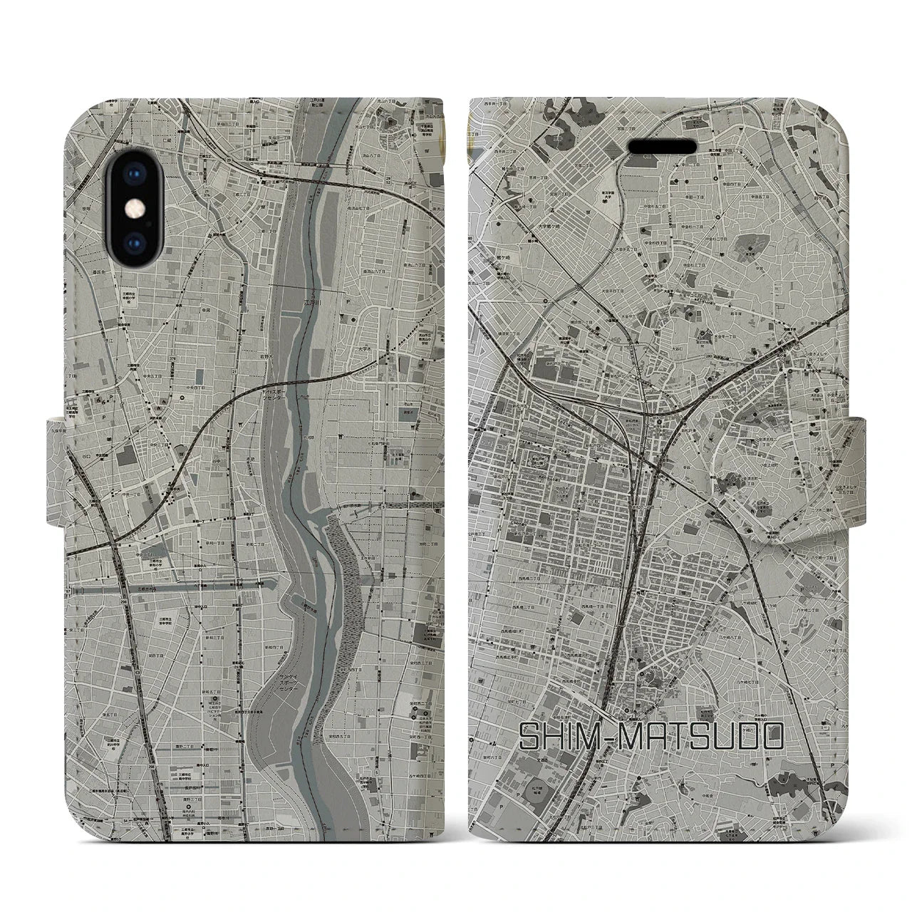 【新松戸(千葉県)】地図柄iPhoneケース(手帳タイプ)モノトーン・iPhone 13 mini 用