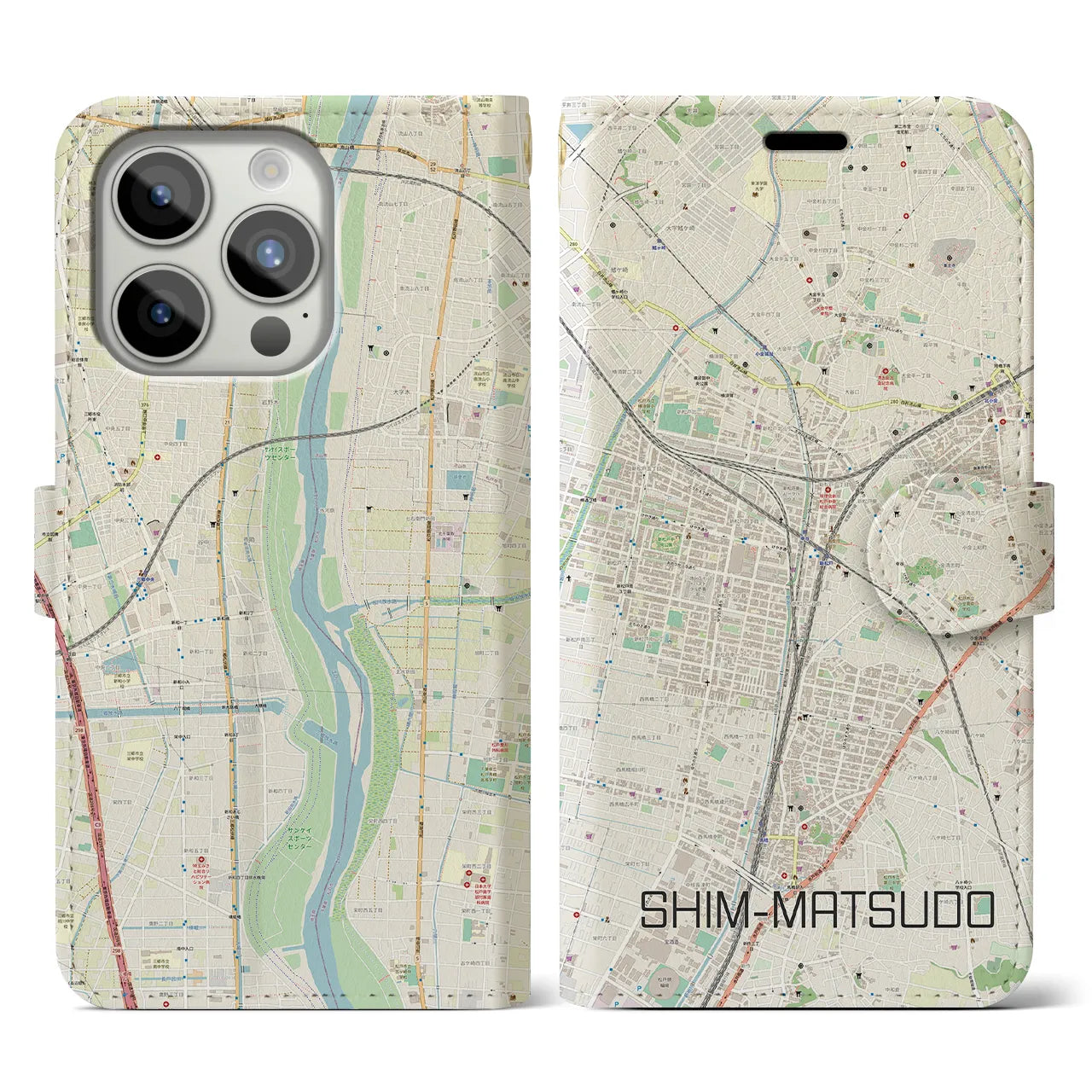 【新松戸(千葉県)】地図柄iPhoneケース(手帳タイプ)ナチュラル・iPhone 15 Pro 用