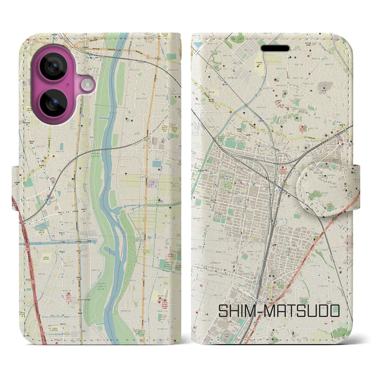 【新松戸(千葉県)】地図柄iPhoneケース(手帳タイプ)ナチュラル・iPhone 16 Pro 用