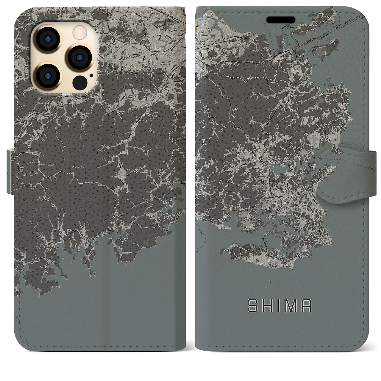 【志摩(三重県)】地図柄iPhoneケース(手帳タイプ)モノトーン・iPhone 12 Pro Max 用