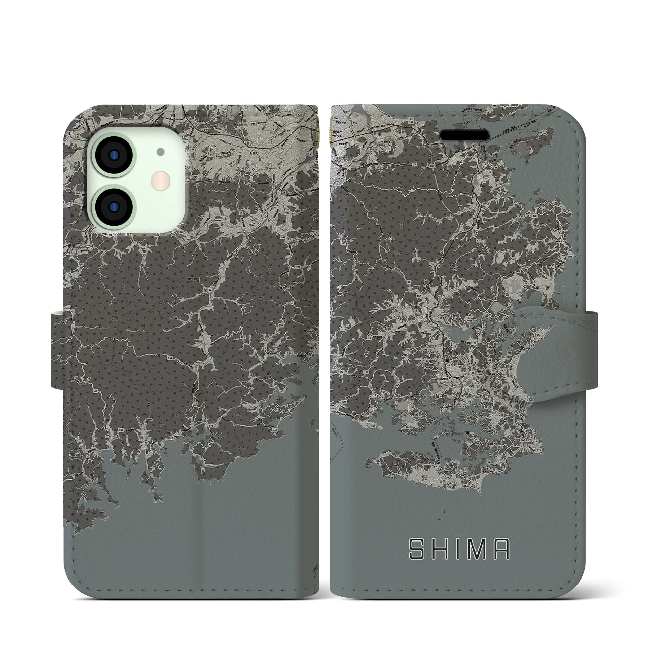 【志摩(三重県)】地図柄iPhoneケース(手帳タイプ)モノトーン・iPhone 12 mini 用