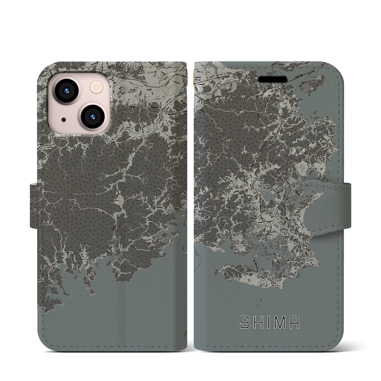 【志摩(三重県)】地図柄iPhoneケース(手帳タイプ)モノトーン・iPhone 13 mini 用