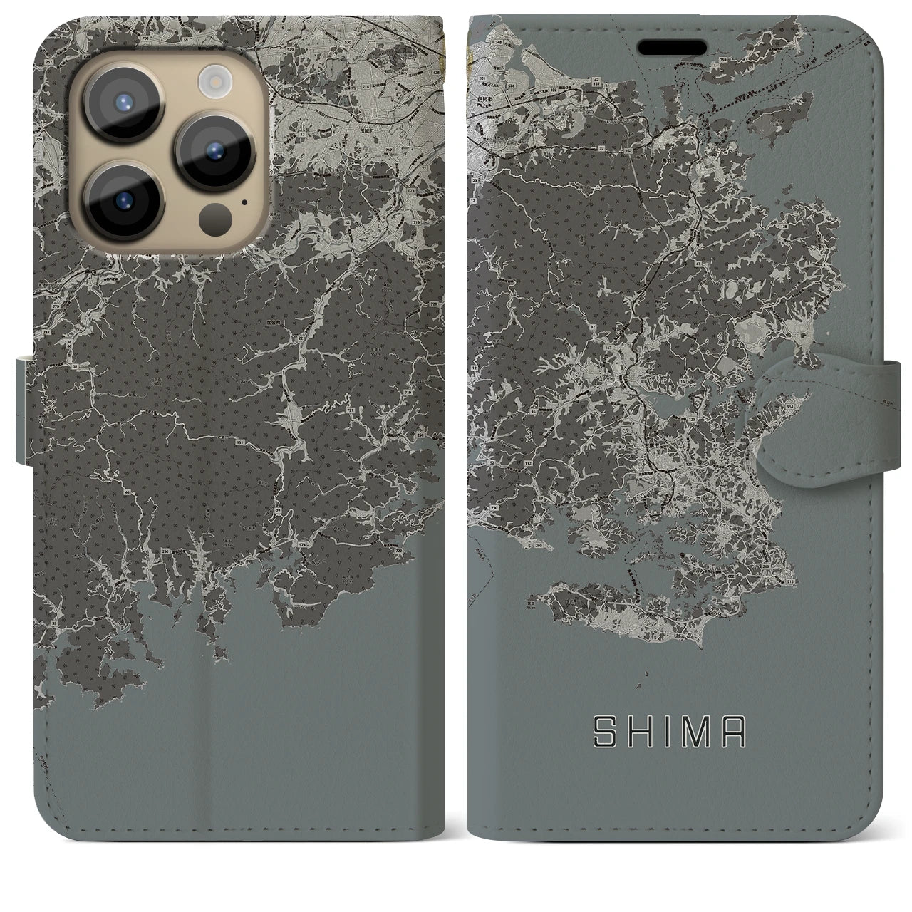 【志摩(三重県)】地図柄iPhoneケース(手帳タイプ)モノトーン・iPhone 14 Pro Max 用