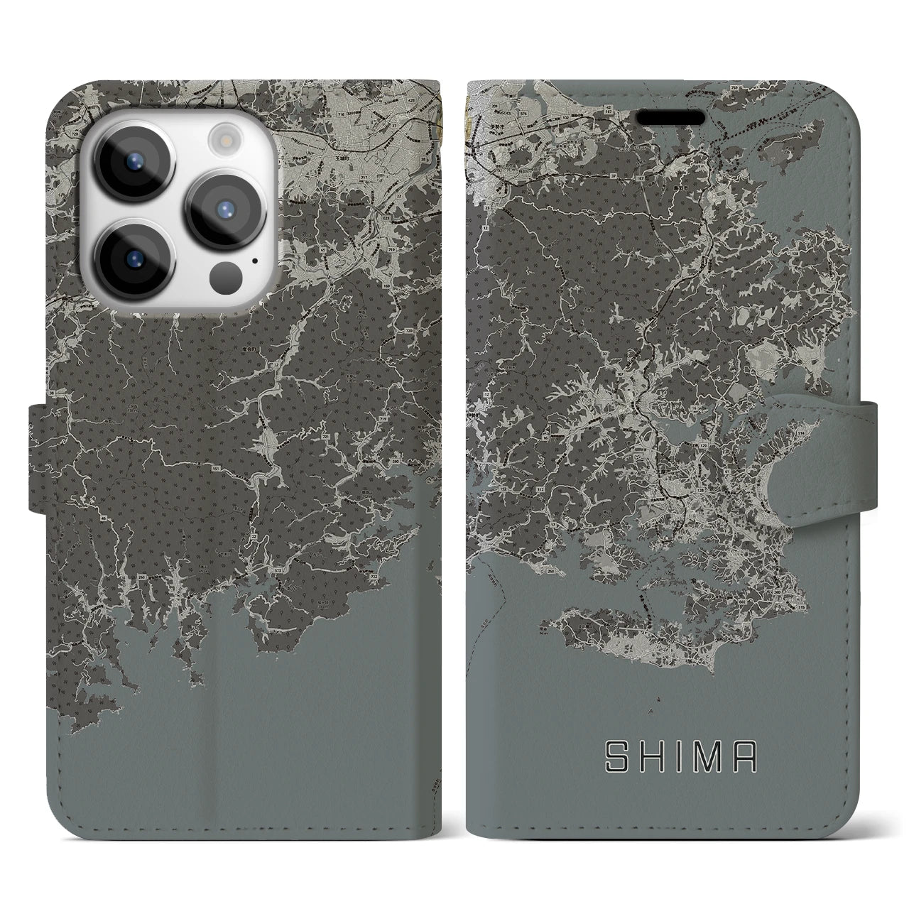 【志摩(三重県)】地図柄iPhoneケース(手帳タイプ)モノトーン・iPhone 14 Pro 用