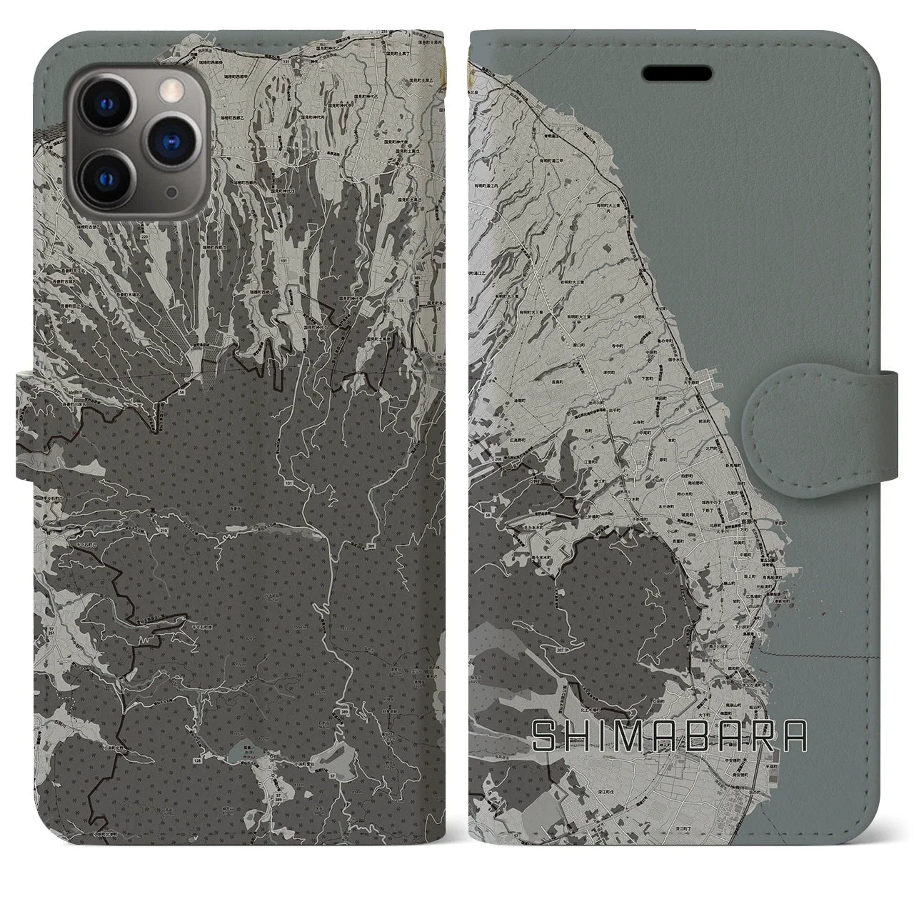 【島原(長崎県)】地図柄iPhoneケース(手帳タイプ)モノトーン・iPhone 11 Pro Max 用