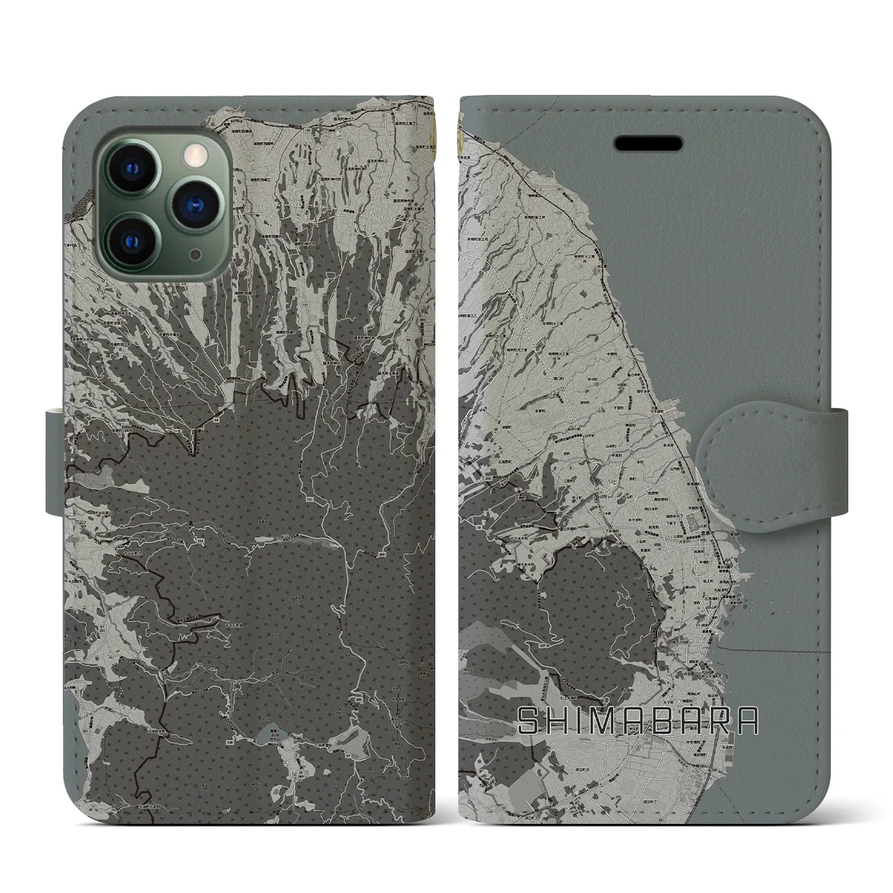 【島原(長崎県)】地図柄iPhoneケース(手帳タイプ)モノトーン・iPhone 11 Pro 用