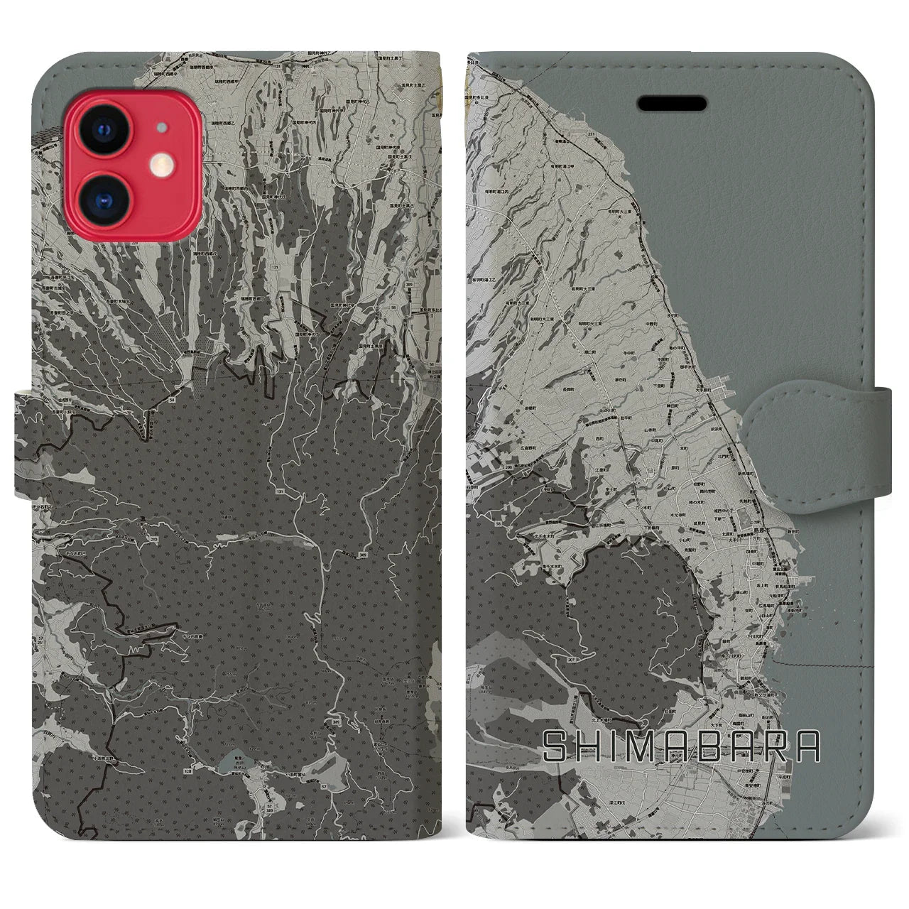 【島原(長崎県)】地図柄iPhoneケース(手帳タイプ)モノトーン・iPhone 11 用