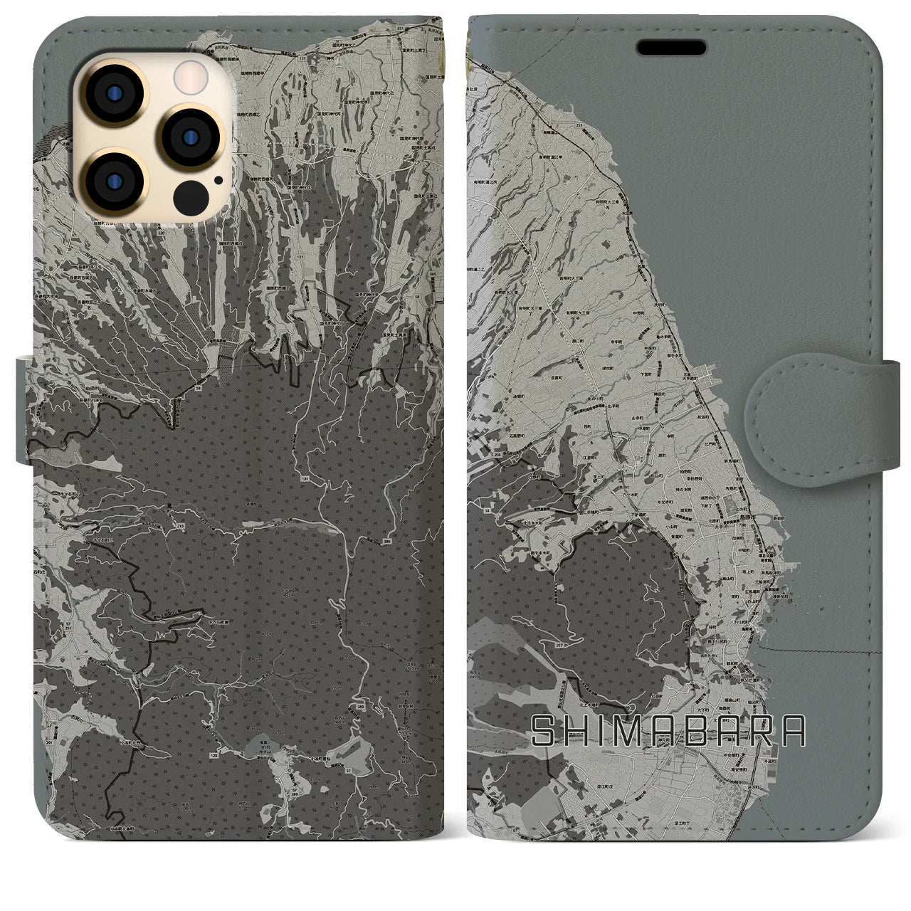 【島原(長崎県)】地図柄iPhoneケース(手帳タイプ)モノトーン・iPhone 12 Pro Max 用