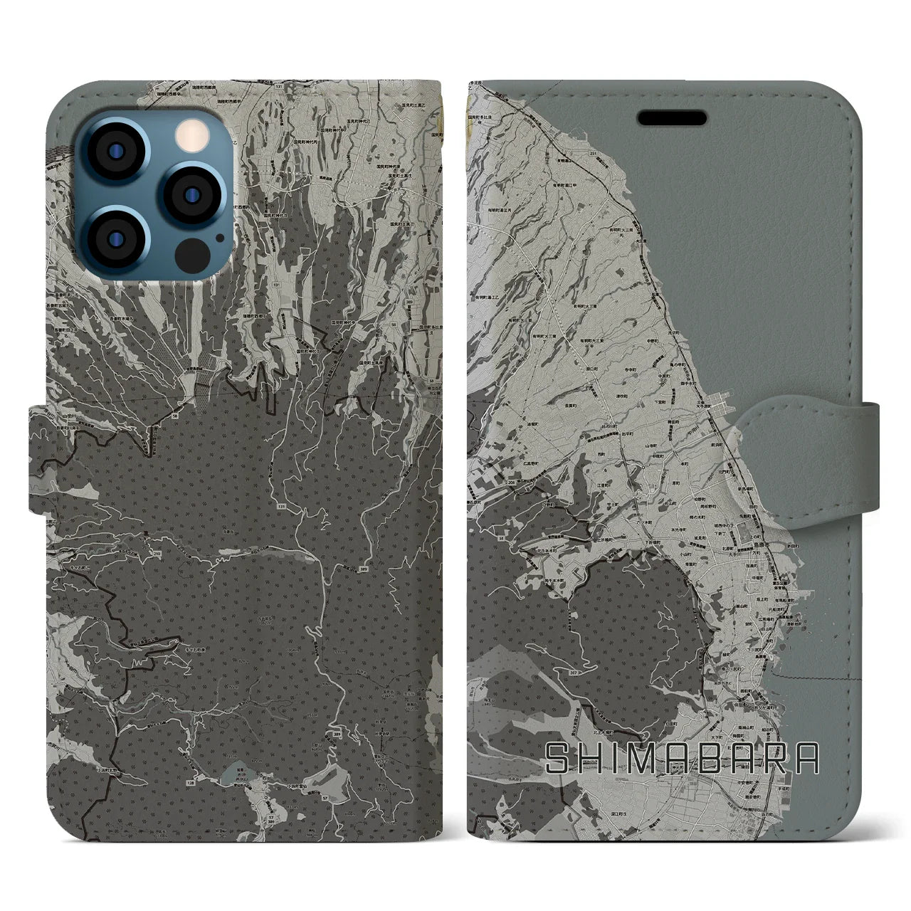 【島原(長崎県)】地図柄iPhoneケース(手帳タイプ)モノトーン・iPhone 12 / 12 Pro 用