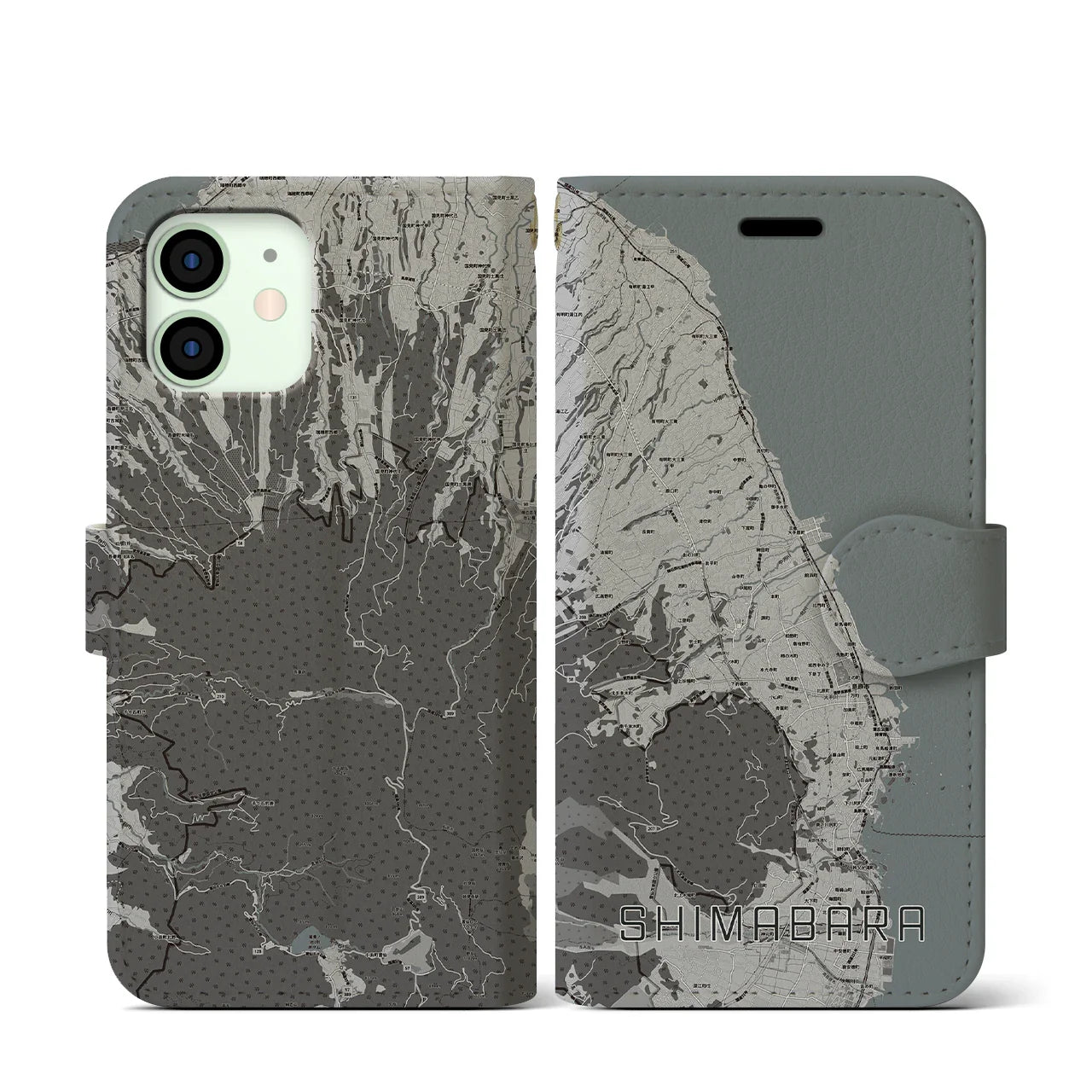 【島原(長崎県)】地図柄iPhoneケース(手帳タイプ)モノトーン・iPhone 12 mini 用