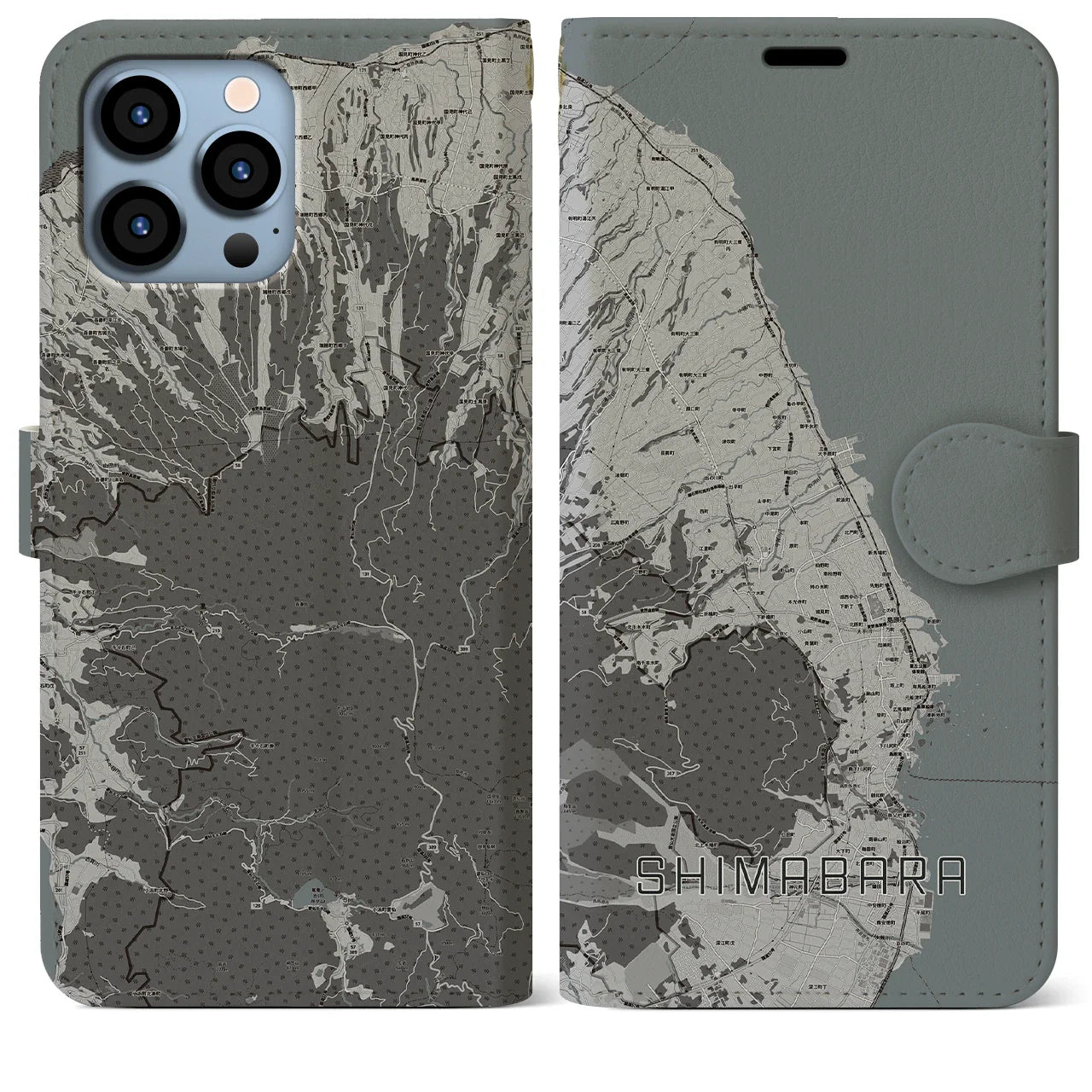 【島原(長崎県)】地図柄iPhoneケース(手帳タイプ)モノトーン・iPhone 13 Pro Max 用