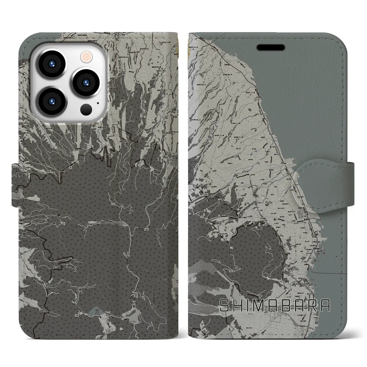 【島原(長崎県)】地図柄iPhoneケース(手帳タイプ)モノトーン・iPhone 13 Pro 用