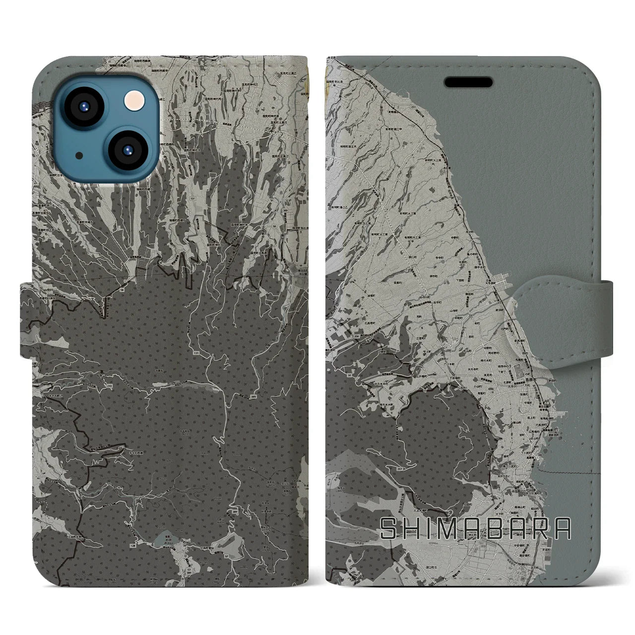 【島原(長崎県)】地図柄iPhoneケース(手帳タイプ)モノトーン・iPhone 13 用