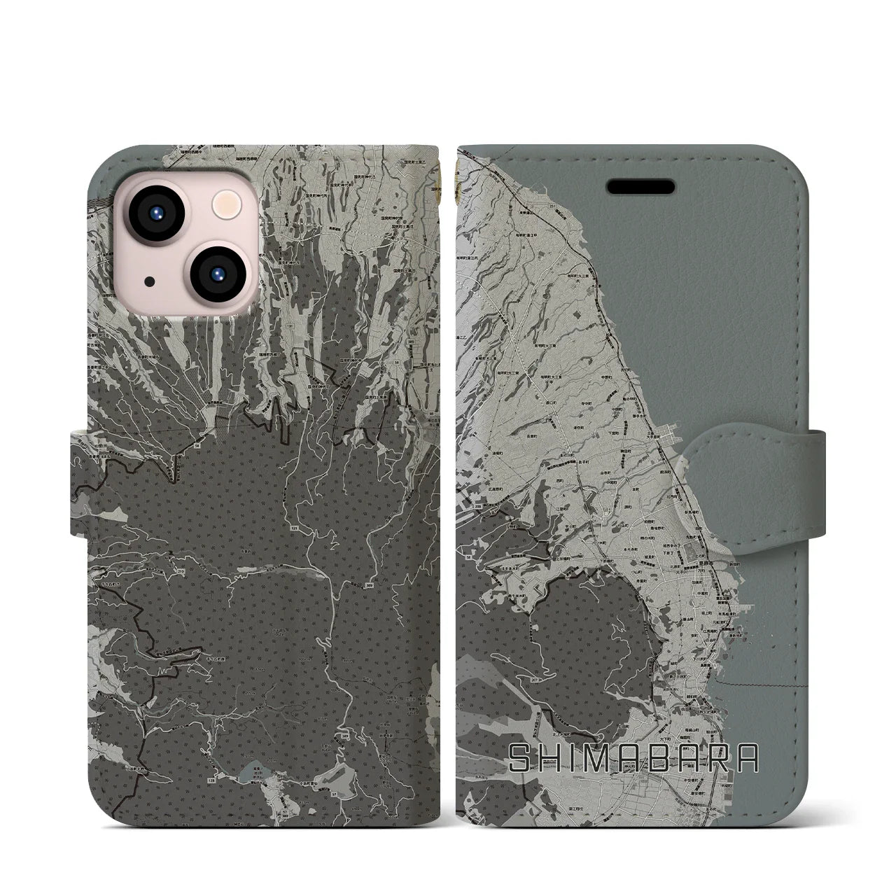 【島原(長崎県)】地図柄iPhoneケース(手帳タイプ)モノトーン・iPhone 13 mini 用