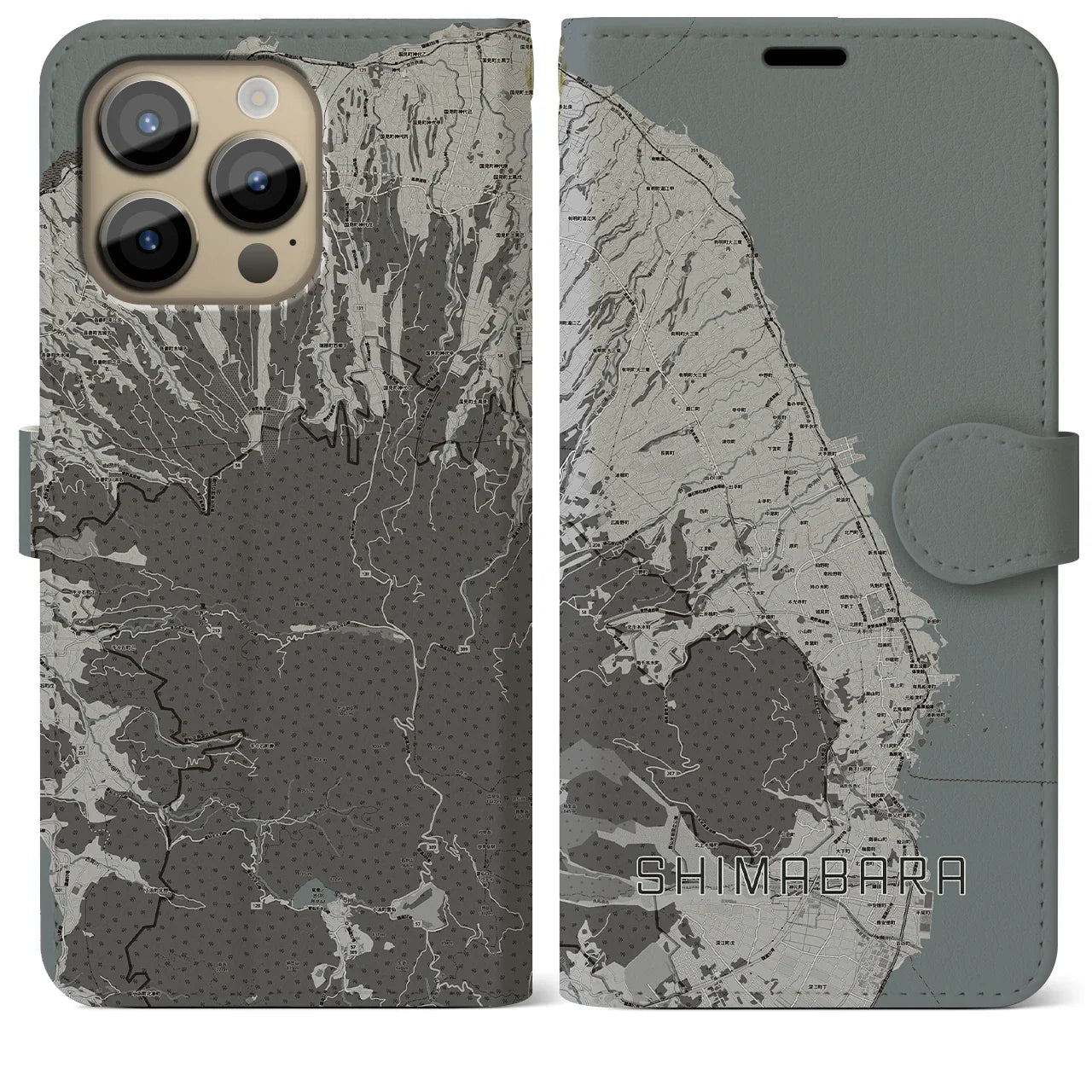 【島原(長崎県)】地図柄iPhoneケース(手帳タイプ)モノトーン・iPhone 14 Pro Max 用