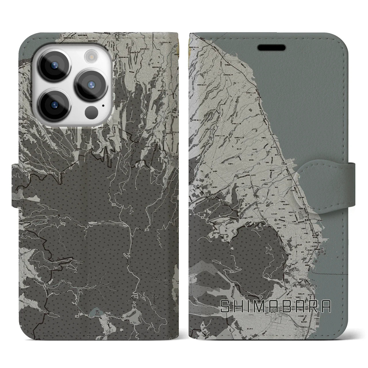 【島原(長崎県)】地図柄iPhoneケース(手帳タイプ)モノトーン・iPhone 14 Pro 用