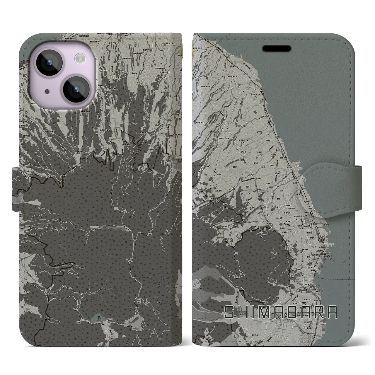 【島原(長崎県)】地図柄iPhoneケース(手帳タイプ)モノトーン・iPhone 14 用