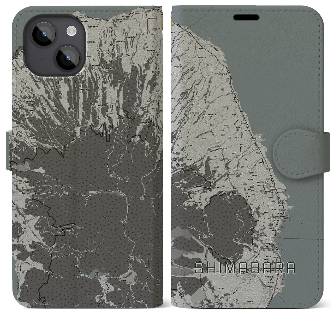 【島原(長崎県)】地図柄iPhoneケース(手帳タイプ)モノトーン・iPhone 14 Plus 用