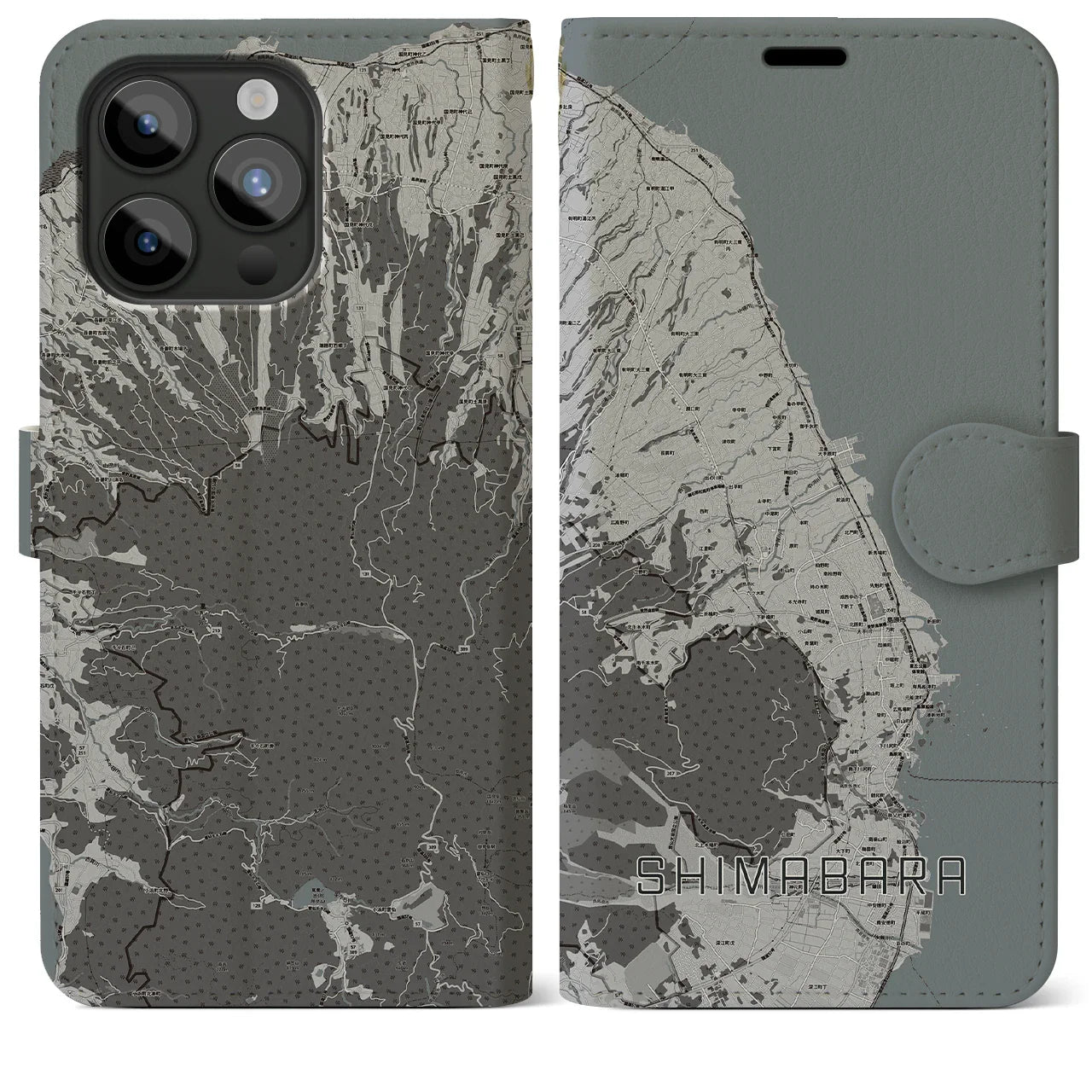 【島原(長崎県)】地図柄iPhoneケース(手帳タイプ)モノトーン・iPhone 15 Pro Max 用