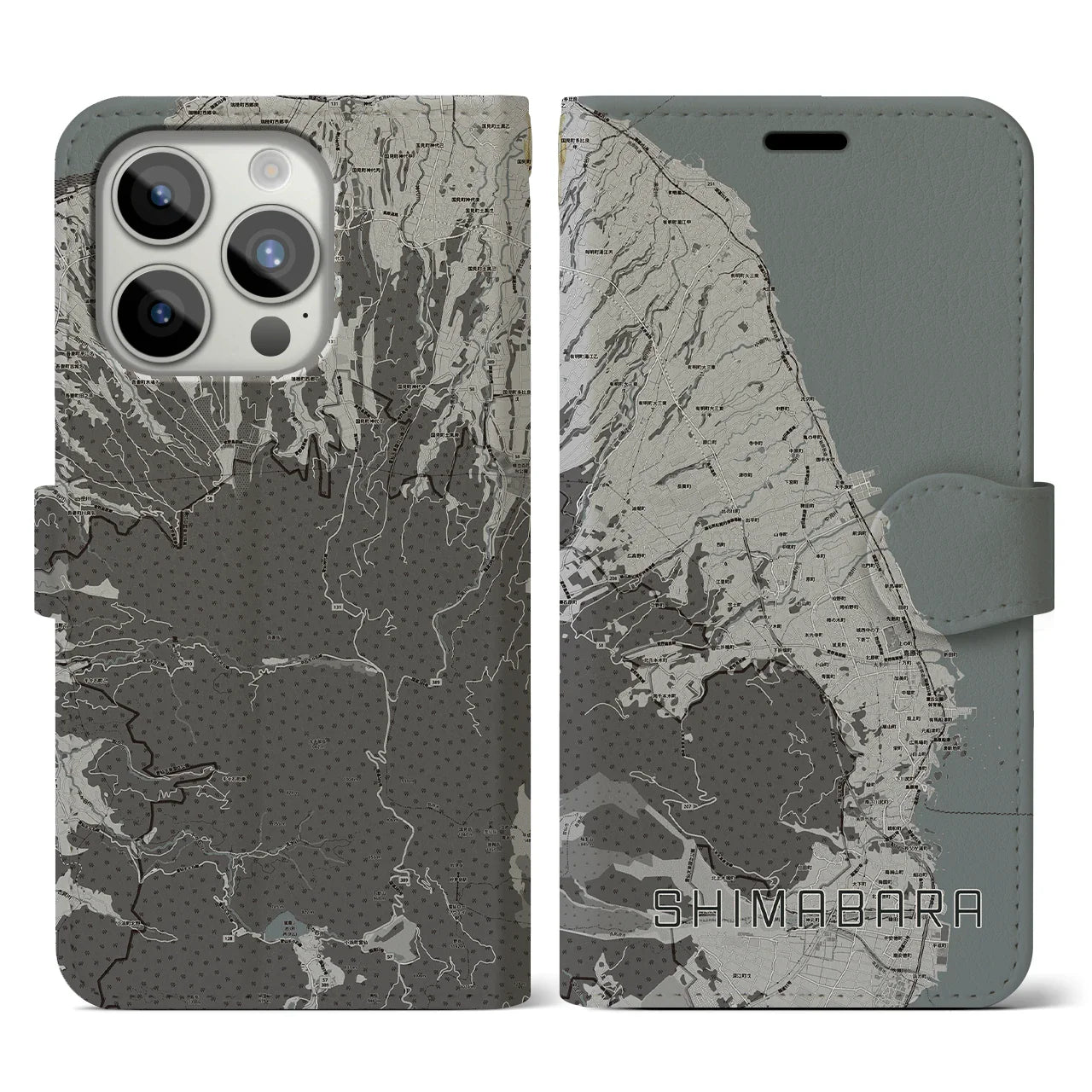 【島原(長崎県)】地図柄iPhoneケース(手帳タイプ)モノトーン・iPhone 15 Pro 用