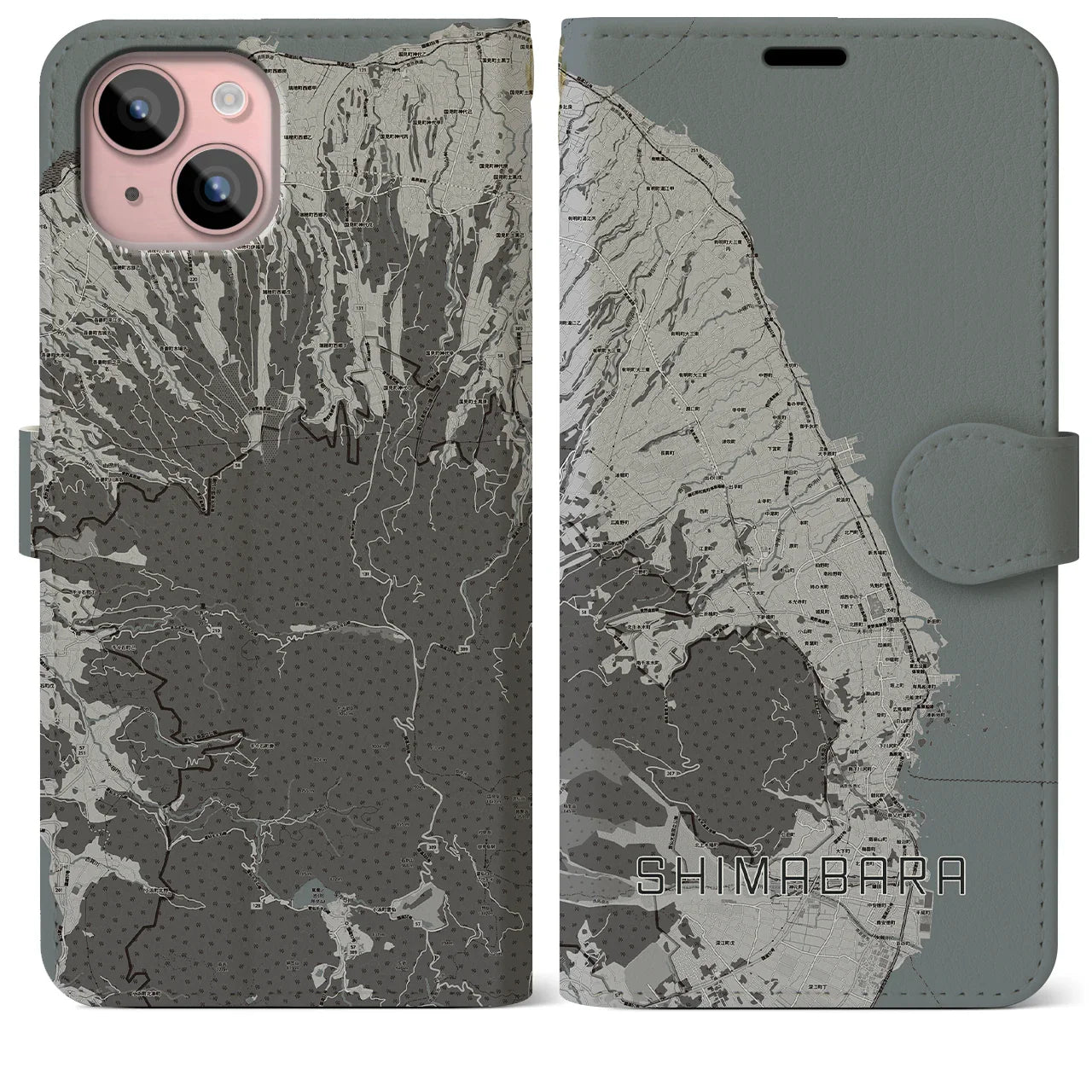 【島原(長崎県)】地図柄iPhoneケース(手帳タイプ)モノトーン・iPhone 15 Plus 用