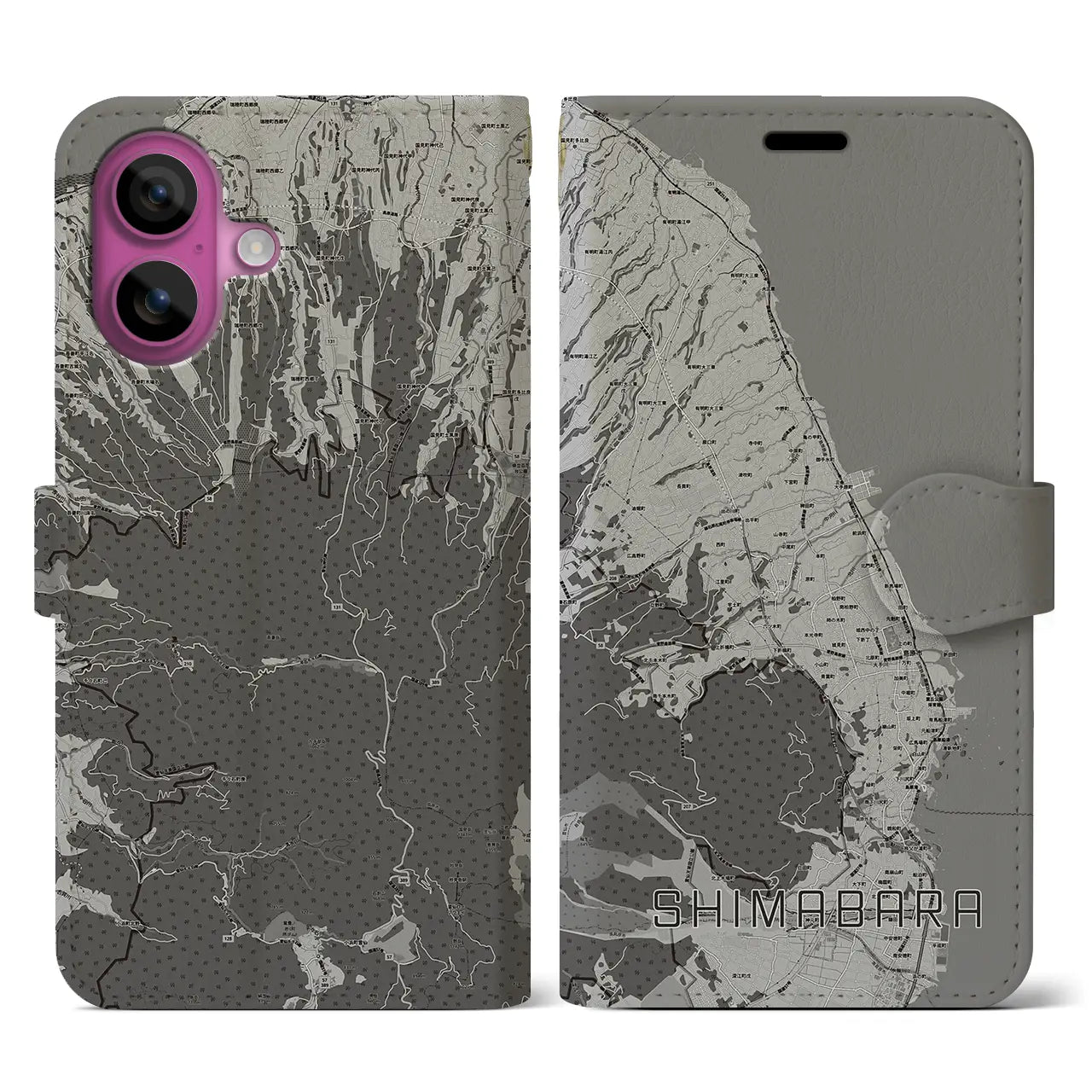 【島原(長崎県)】地図柄iPhoneケース(手帳タイプ)モノトーン・iPhone 16 Pro 用