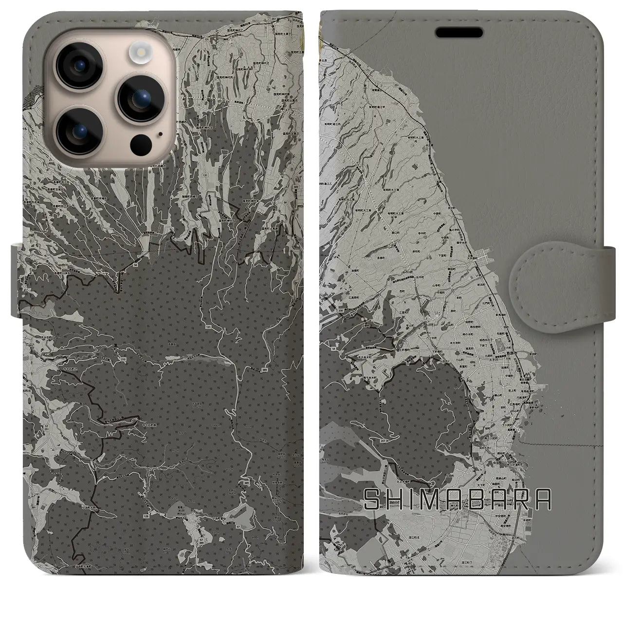 【島原(長崎県)】地図柄iPhoneケース(手帳タイプ)モノトーン・iPhone 16 Plus 用