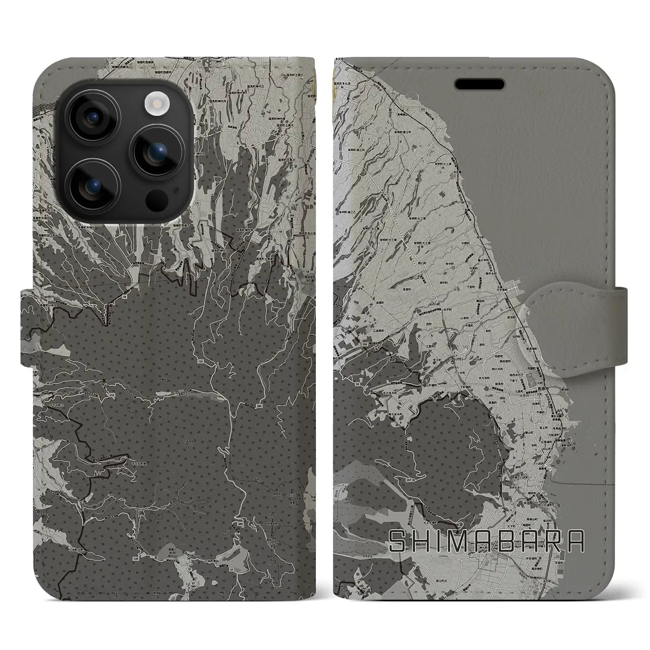 【島原(長崎県)】地図柄iPhoneケース(手帳タイプ)モノトーン・iPhone 16 用