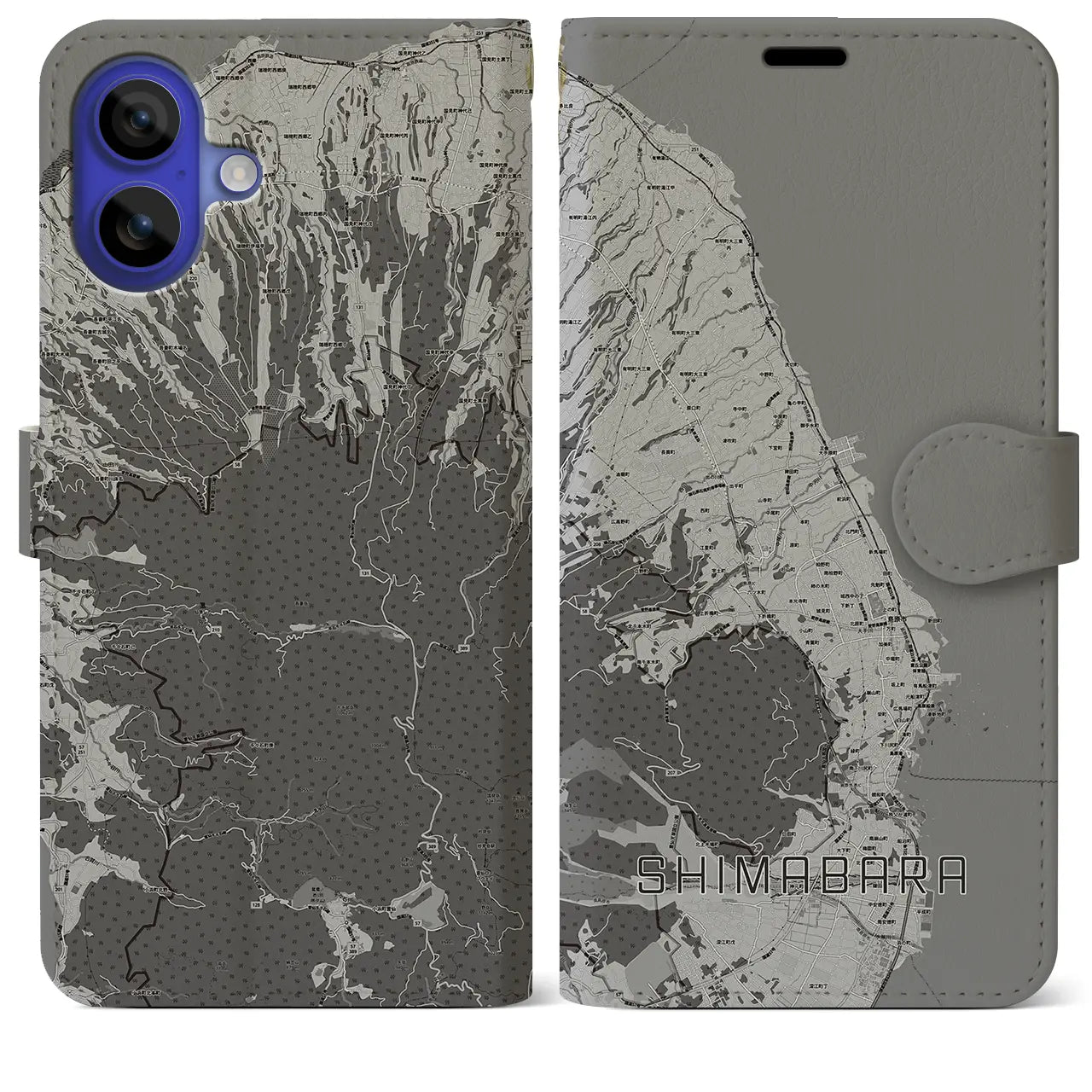 【島原(長崎県)】地図柄iPhoneケース(手帳タイプ)モノトーン・iPhone 16 Pro Max 用