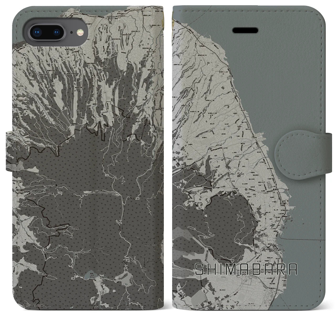 【島原(長崎県)】地図柄iPhoneケース(手帳タイプ)モノトーン・iPhone 8Plus /7Plus / 6sPlus / 6Plus 用