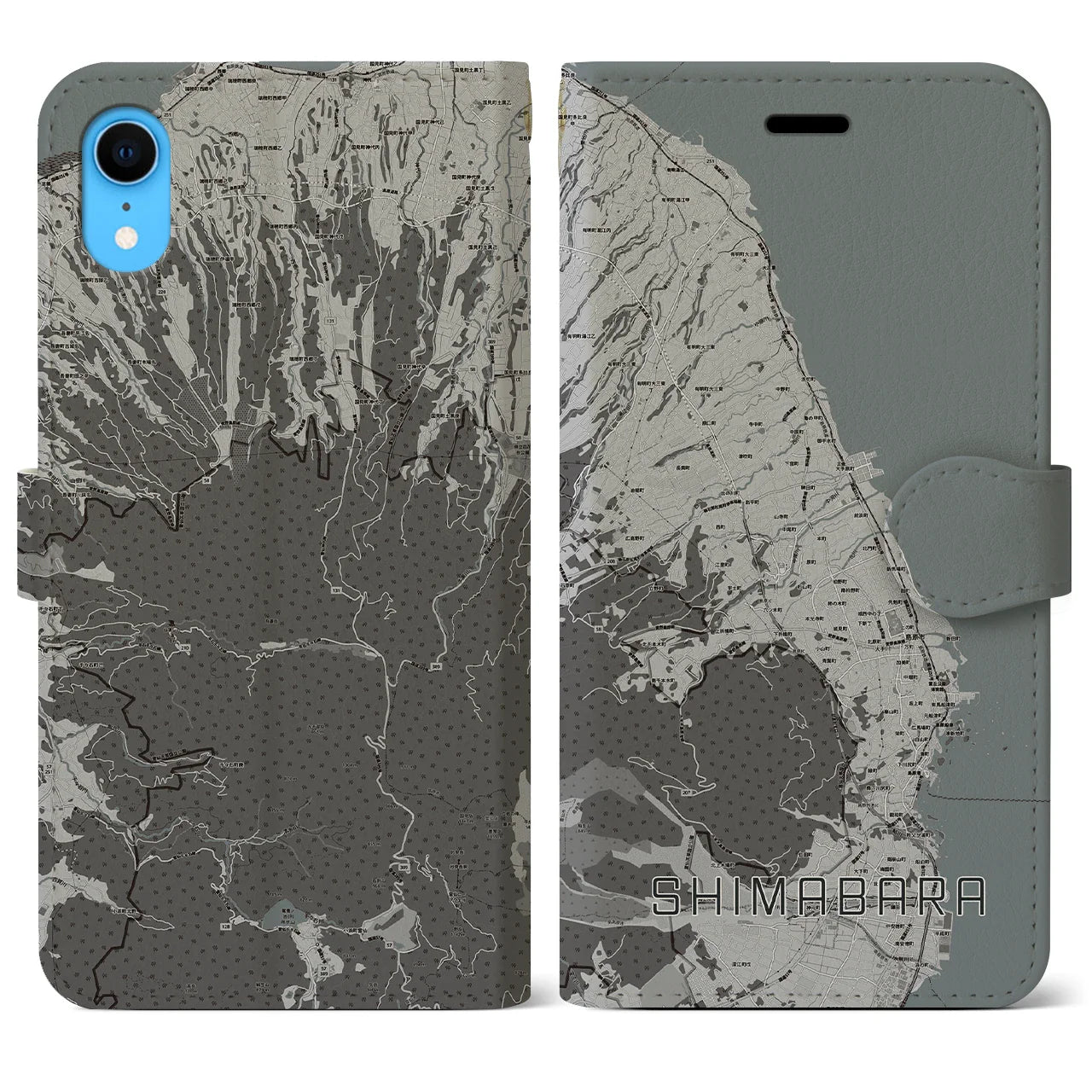 【島原(長崎県)】地図柄iPhoneケース(手帳タイプ)モノトーン・iPhone XR 用