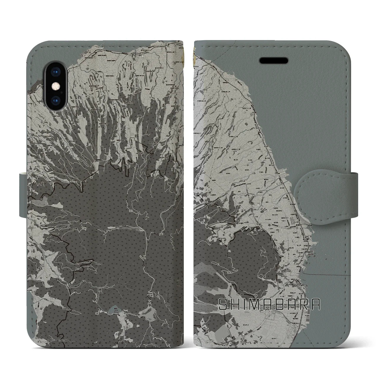 【島原(長崎県)】地図柄iPhoneケース(手帳タイプ)モノトーン・iPhone XS / X 用