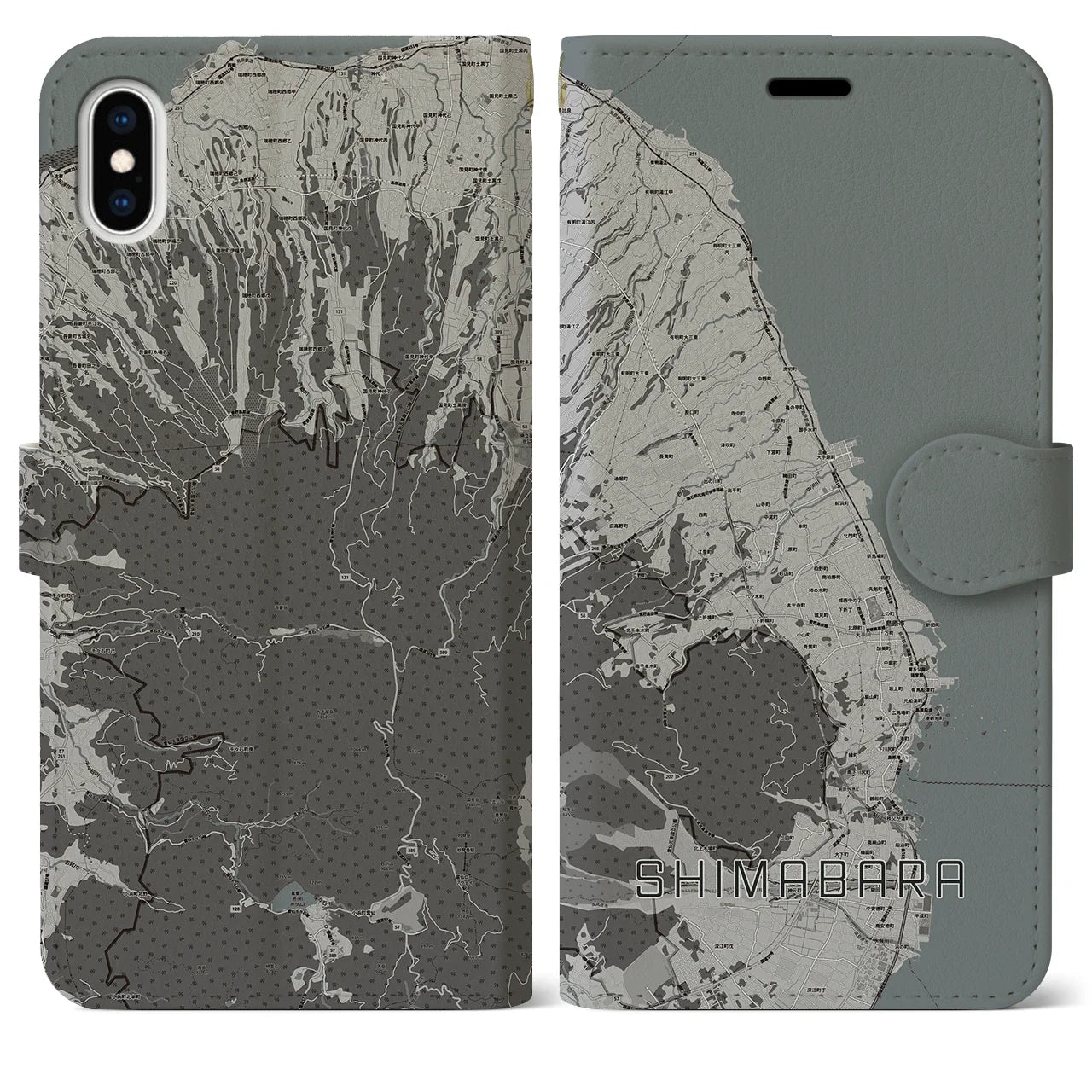 【島原(長崎県)】地図柄iPhoneケース(手帳タイプ)モノトーン・iPhone XS Max 用