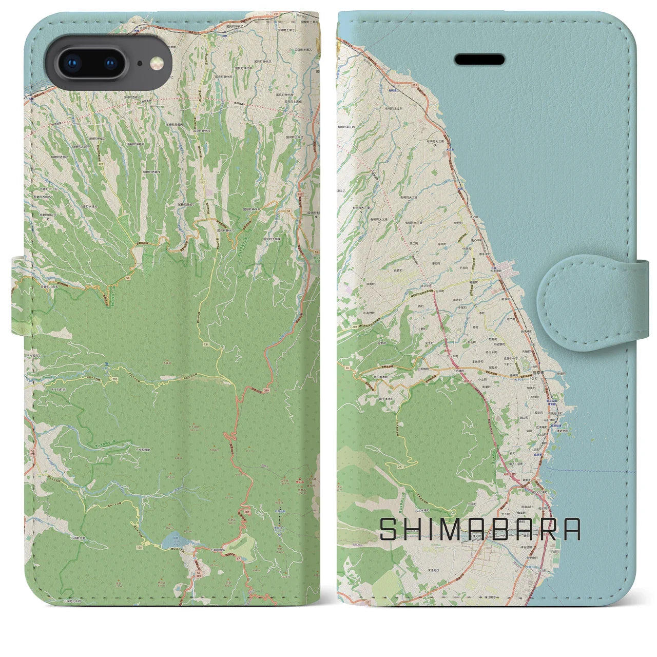 【島原(長崎県)】地図柄iPhoneケース(手帳タイプ)ナチュラル・iPhone 8Plus /7Plus / 6sPlus / 6Plus 用