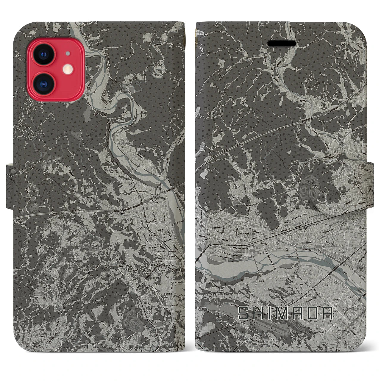 【島田(静岡県)】地図柄iPhoneケース(手帳タイプ)モノトーン・iPhone 11 用