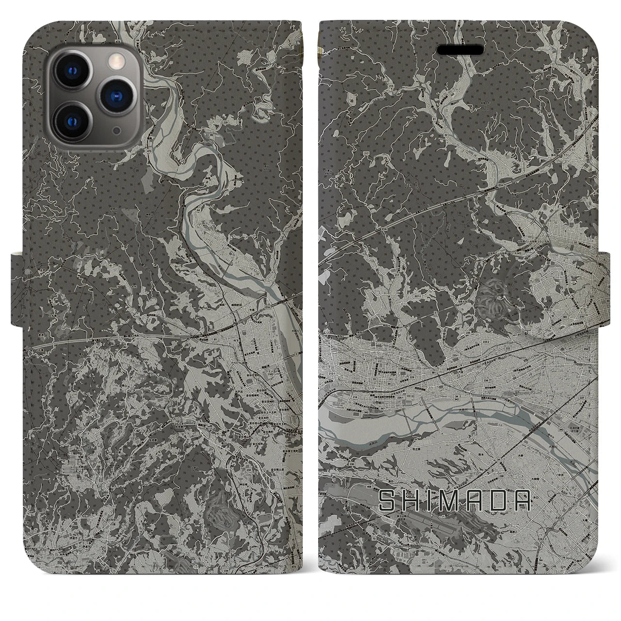 【島田(静岡県)】地図柄iPhoneケース(手帳タイプ)モノトーン・iPhone 11 Pro Max 用