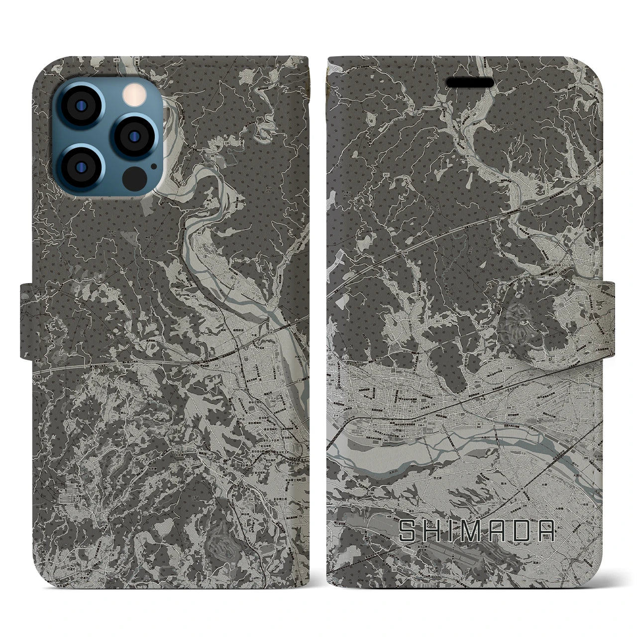 【島田(静岡県)】地図柄iPhoneケース(手帳タイプ)モノトーン・iPhone 12 / 12 Pro 用